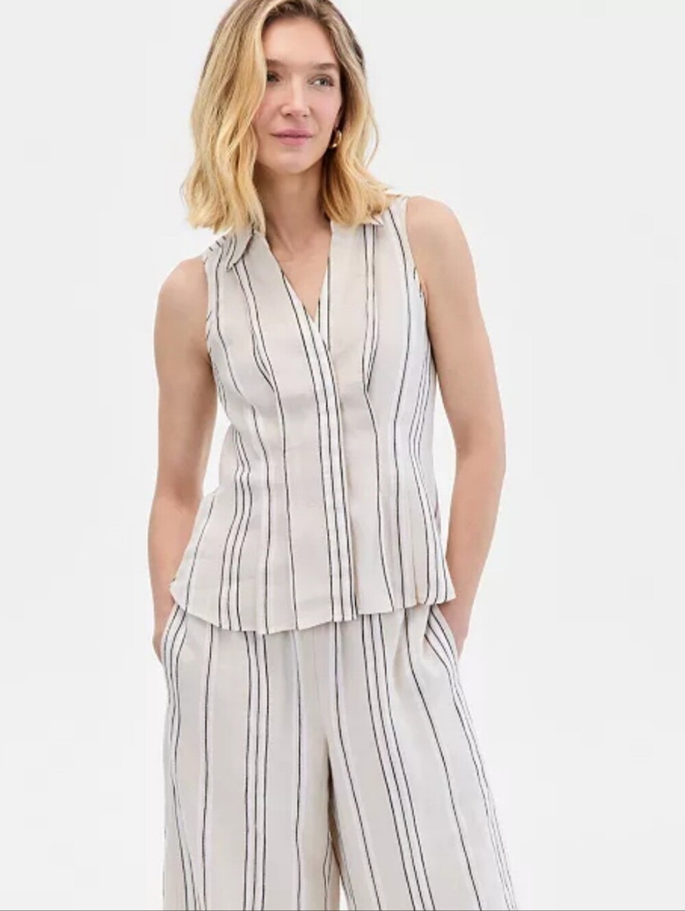 INC International Concepts Cream and Black Vertical Stripe V-Neck Pants Suit